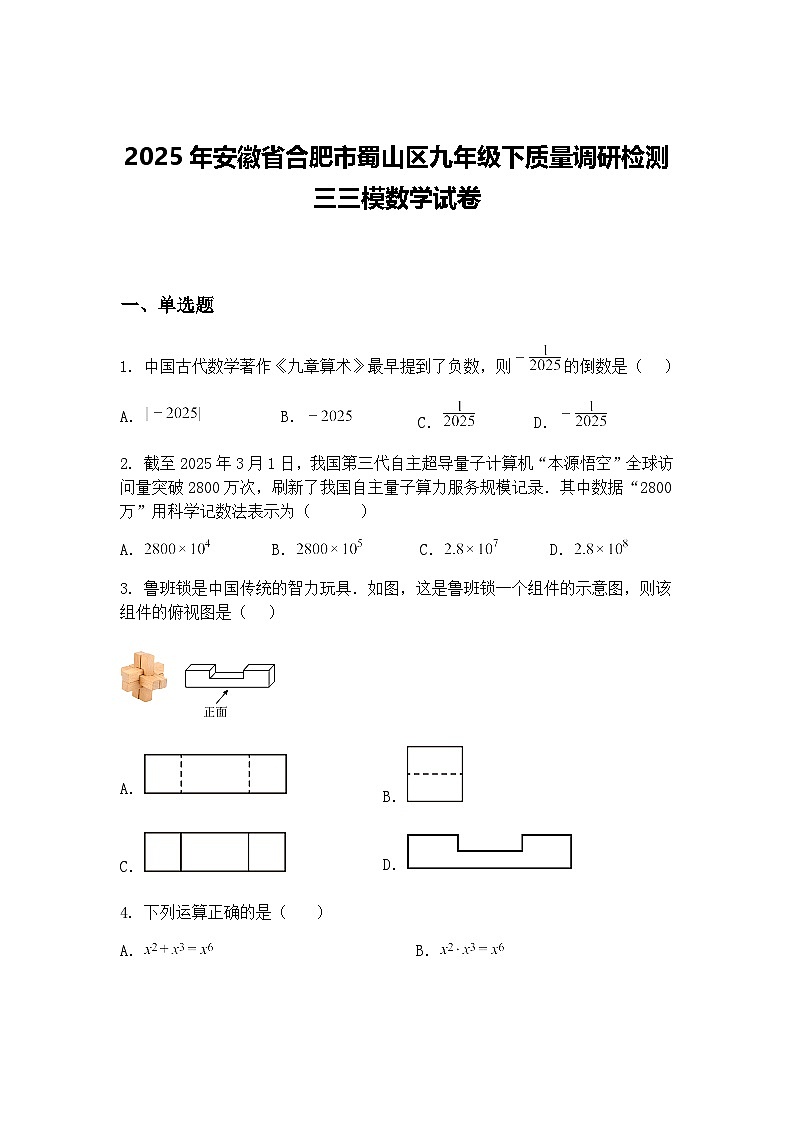 2025年安徽省合肥市蜀山区九年级下质量调研检测三三模数学试卷(含答案解析)第1页
