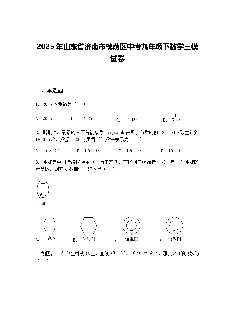 2025年山东省济南市槐荫区中考九年级下数学三模试卷(含答案解析)第1页