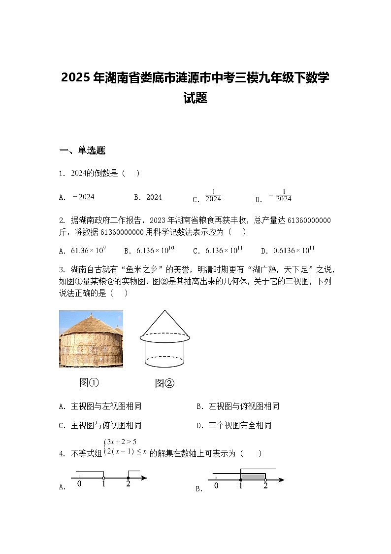 2025年湖南省娄底市涟源市中考三模九年级下数学试题(含答案解析)第1页