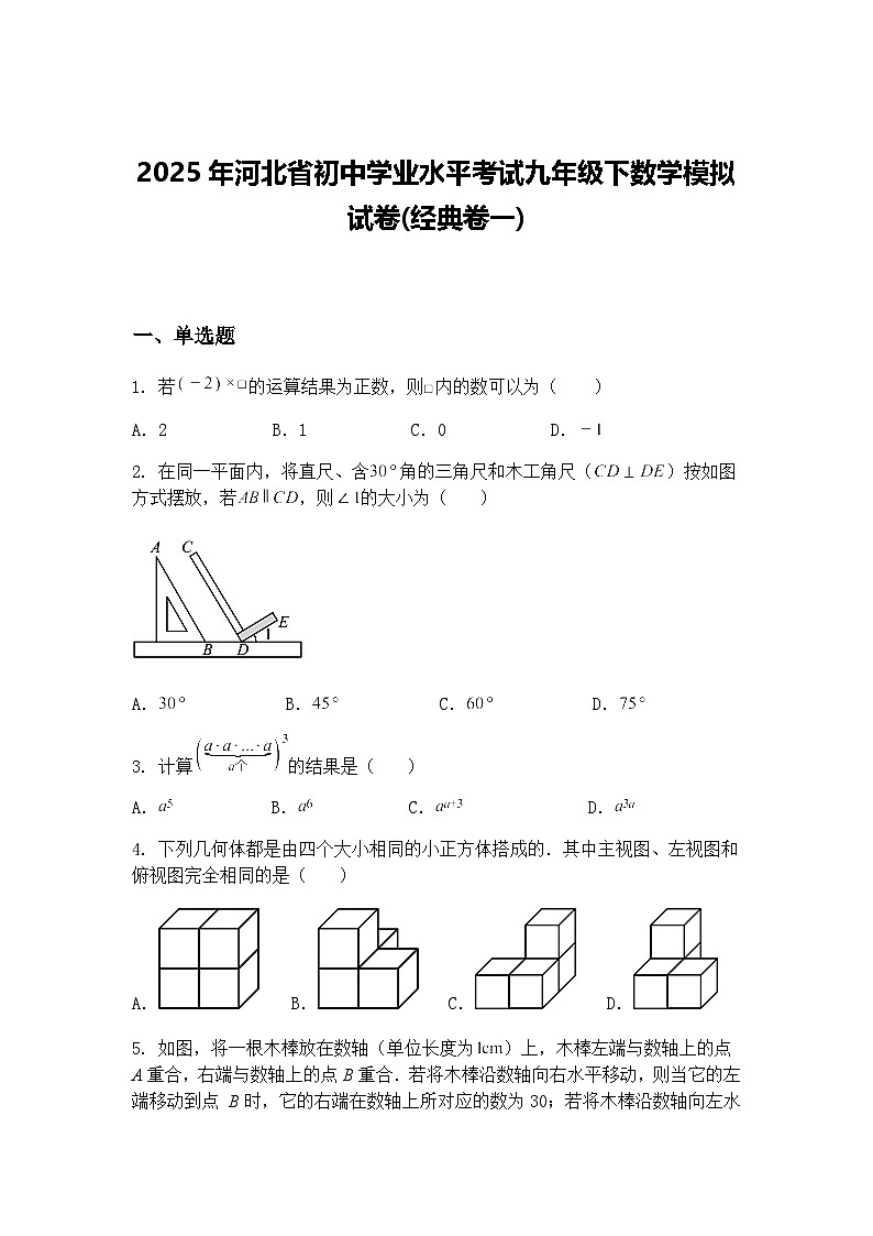 2025年河北省初中学业水平考试九年级下数学模拟试卷(经典卷一)(含答案解析)第1页
