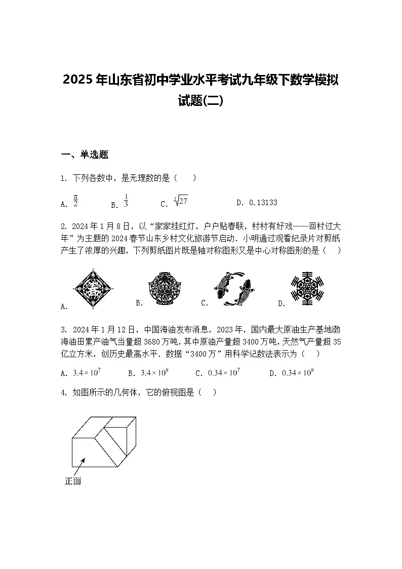 2025年山东省初中学业水平考试九年级下数学模拟试题(二)(含答案解析)第1页