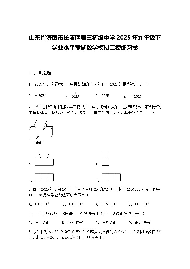 山东省济南市长清区第三初级中学2025年九年级下学业水平考试数学模拟二模练习卷(含答案解析)第1页