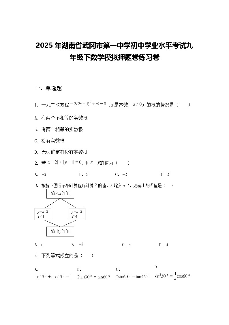 2025年湖南省武冈市第一中学初中学业水平考试九年级下数学模拟押题卷练习卷(含答案解析)第1页