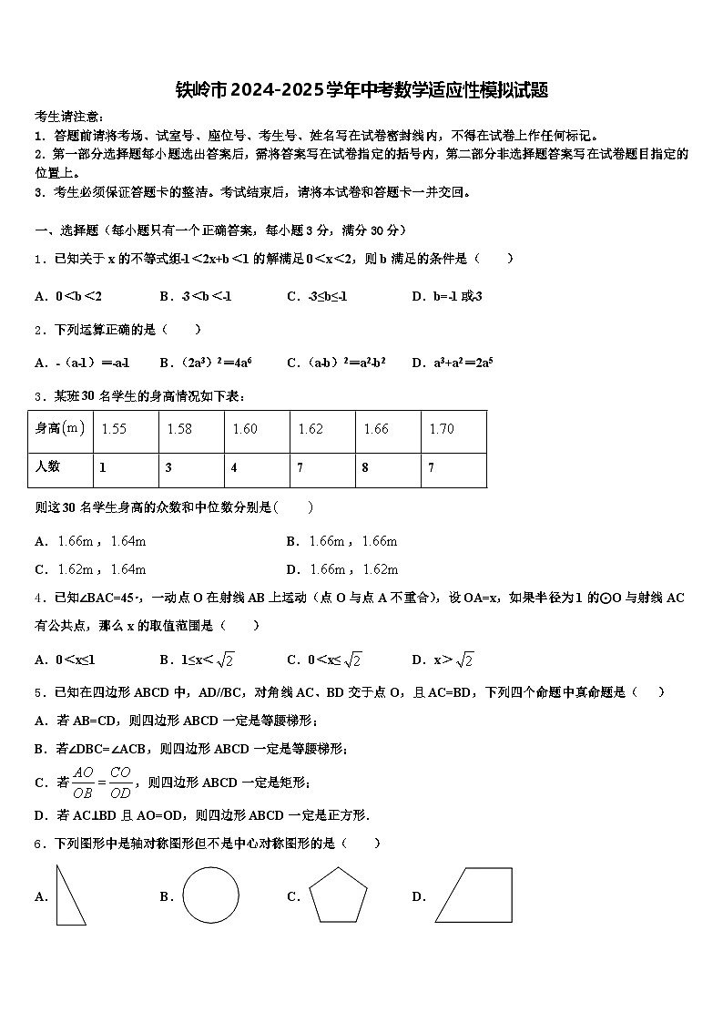 铁岭市2024-2025学年中考数学适应性模拟试题含解析第1页