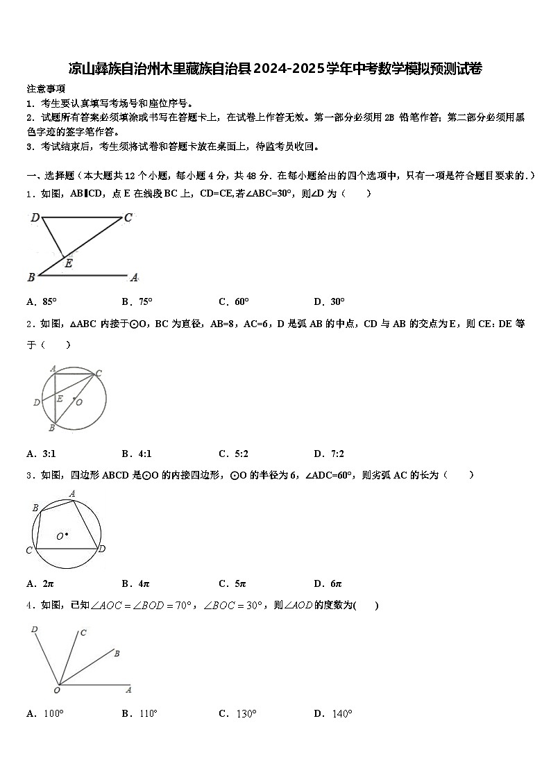 凉山彝族自治州木里藏族自治县2024-2025学年中考数学模拟预测试卷含解析第1页