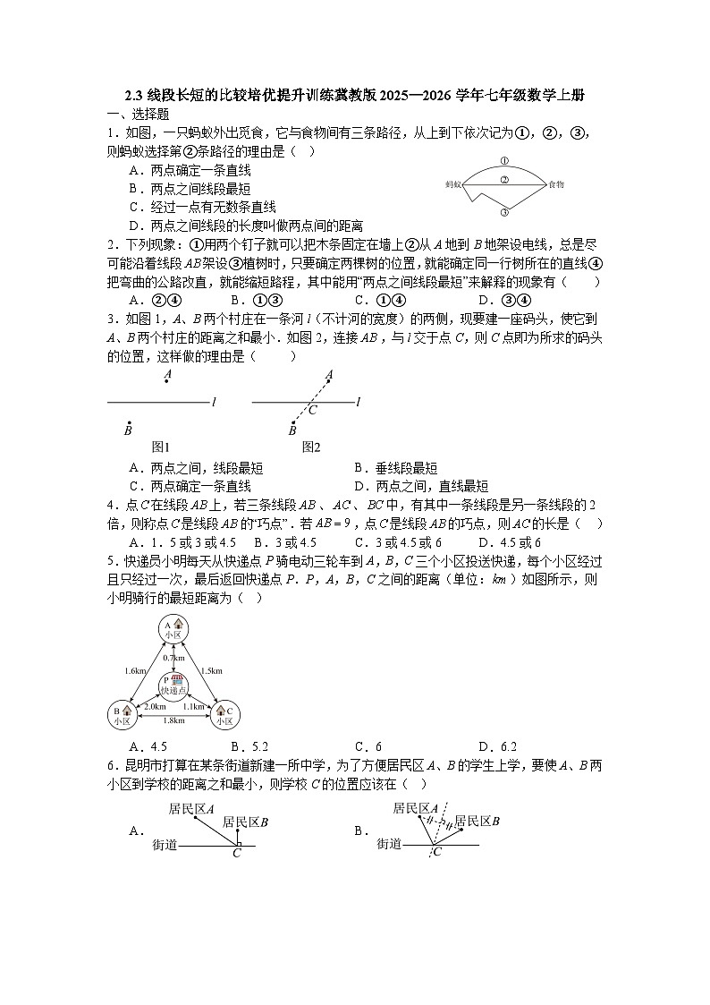 2.3线段长短的比较培优提升训练冀教版2025—2026学年七年级数学上册第1页