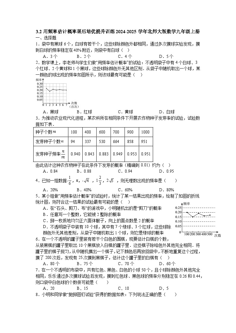 3.2用频率估计概率课后培优提升训练2024-2025学年北师大版数学九年级上册第1页
