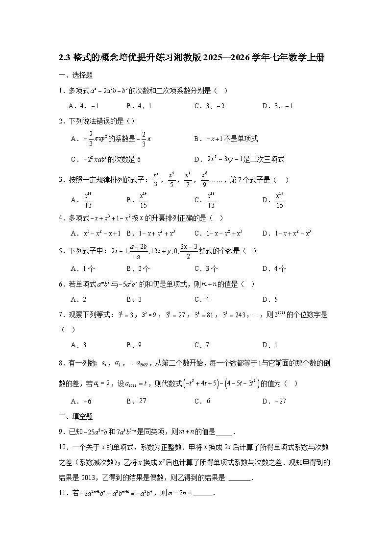 2.3整式的概念培优提升练习湘教版2025—2026学年七年数学上册第1页