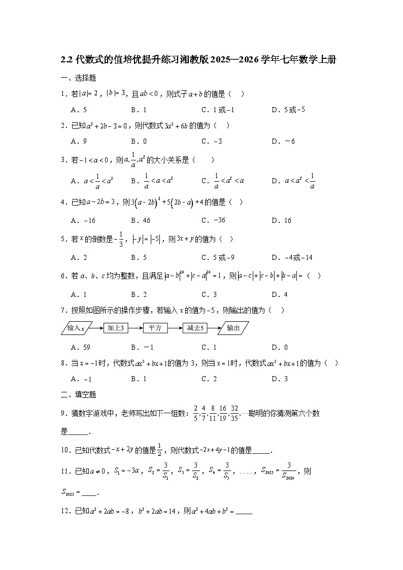 2.2代数式的值培优提升练习湘教版2025—2026学年七年数学上册第1页