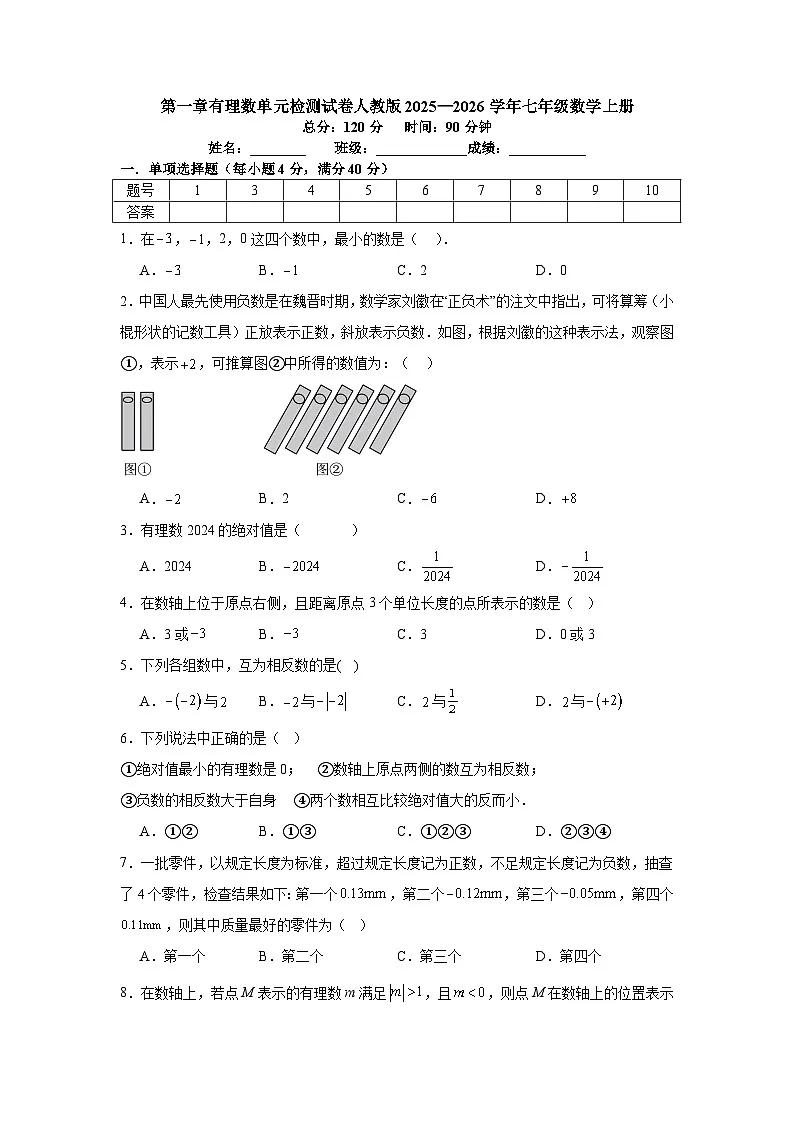 第一章有理数单元检测试卷人教版2025—2026学年七年级数学上册第1页