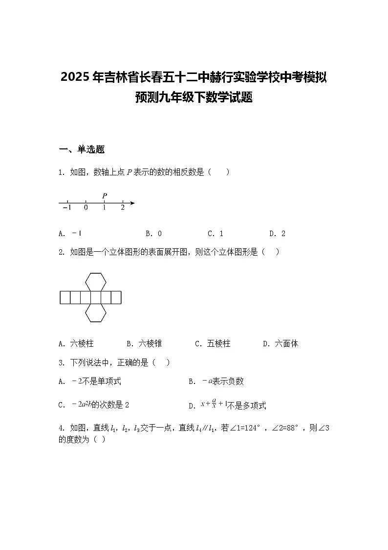 2025年吉林省长春五十二中赫行实验学校中考模拟预测九年级下数学试题(含答案解析)第1页
