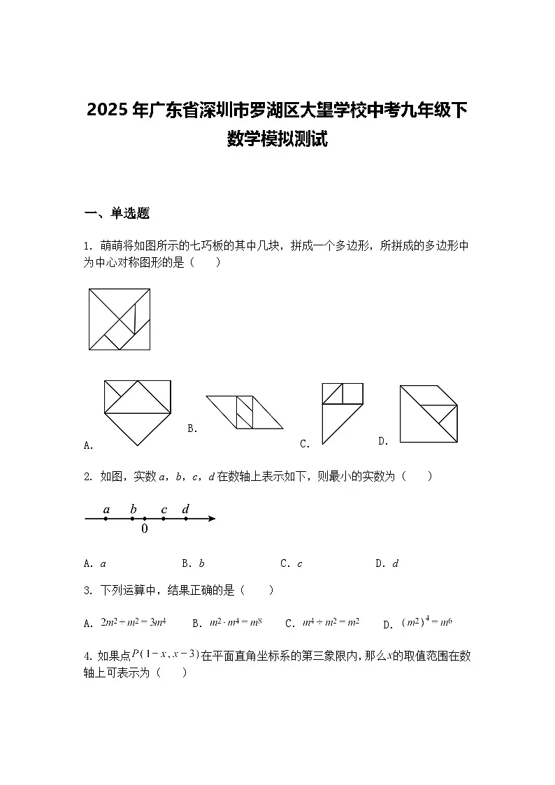 2025年广东省深圳市罗湖区大望学校中考九年级下数学模拟测试(含答案解析)第1页