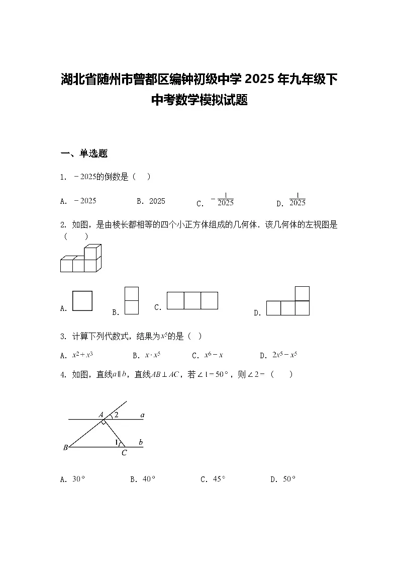 湖北省随州市曾都区编钟初级中学2025年九年级下中考数学模拟试题(含答案解析)第1页