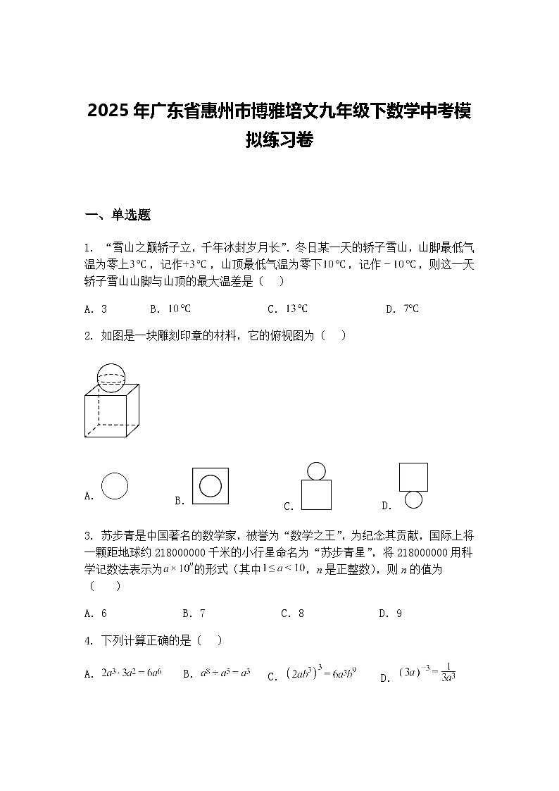 2025年广东省惠州市博雅培文九年级下数学中考模拟练习卷(含答案解析)第1页