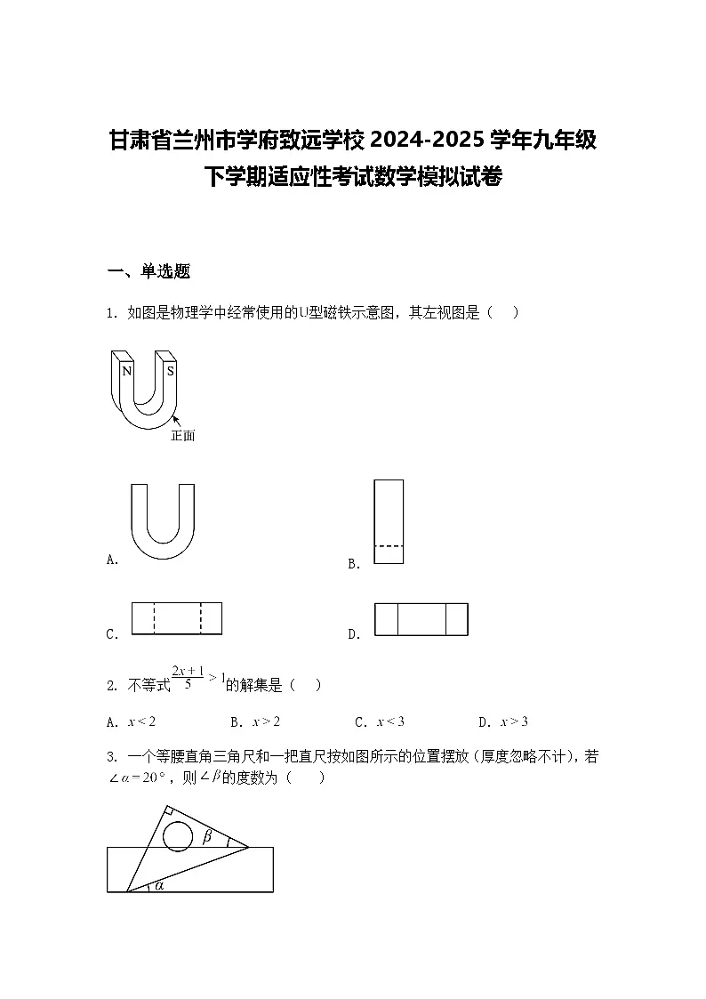 甘肃省兰州市学府致远学校2024-2025学年九年级下学期适应性考试数学模拟试卷(含答案解析)第1页