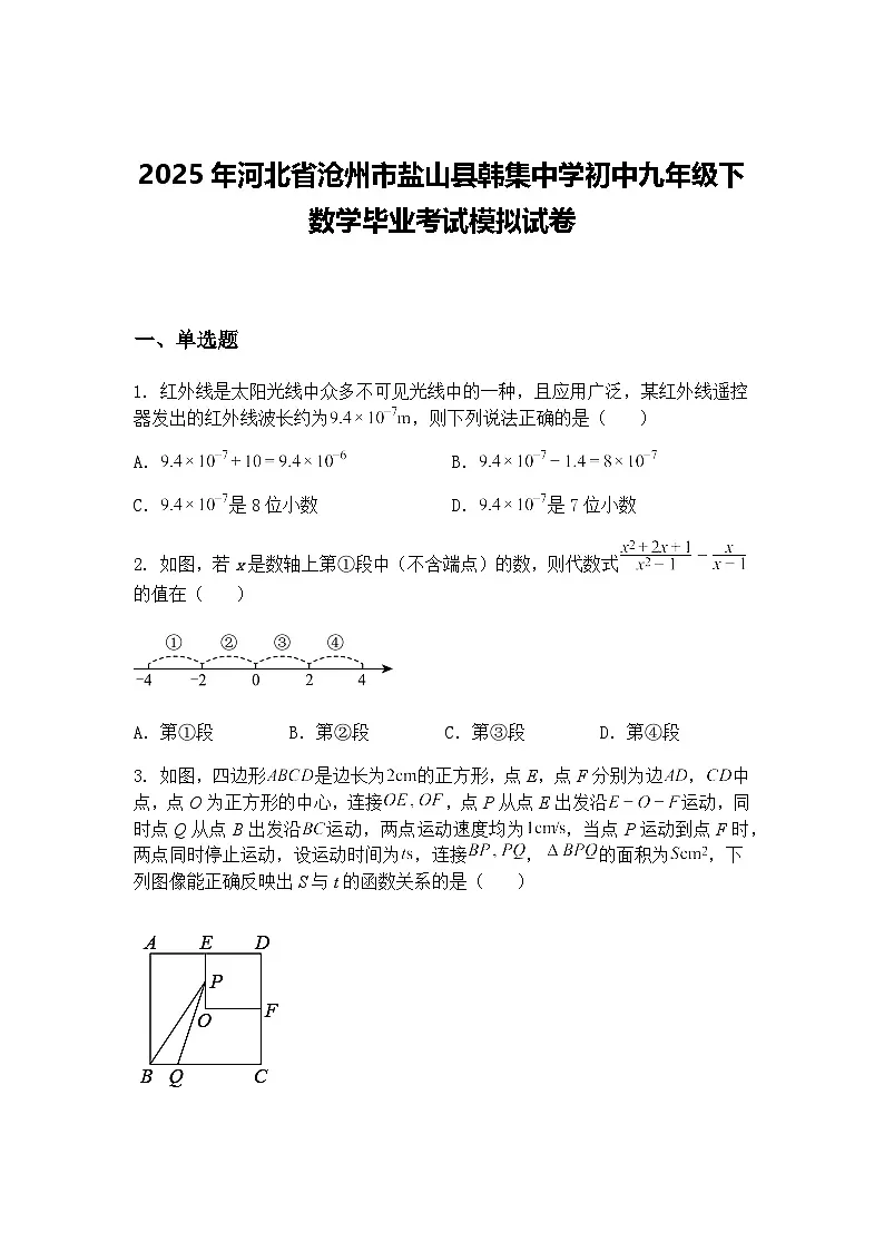 2025年河北省沧州市盐山县韩集中学初中九年级下数学毕业考试模拟试卷(含答案解析)第1页