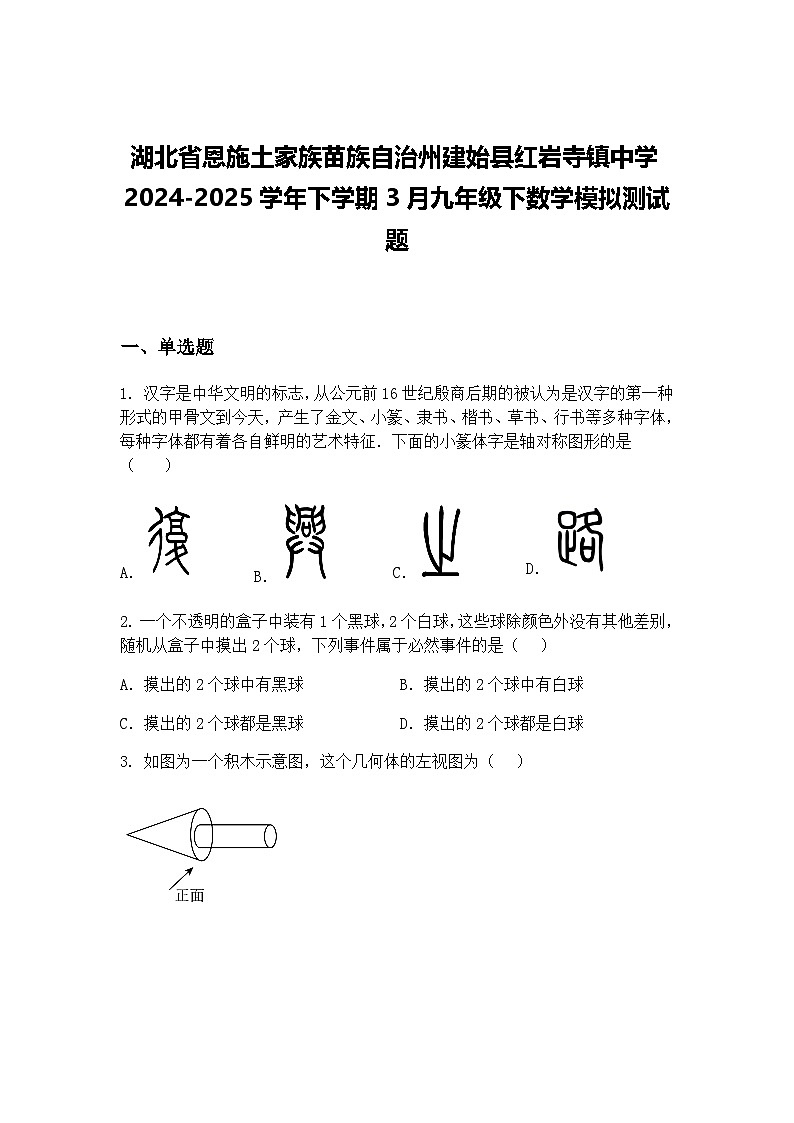 湖北省恩施土家族苗族自治州建始县红岩寺镇中学2024-2025学年下学期3月九年级下数学模拟测试题(含答案解析)第1页
