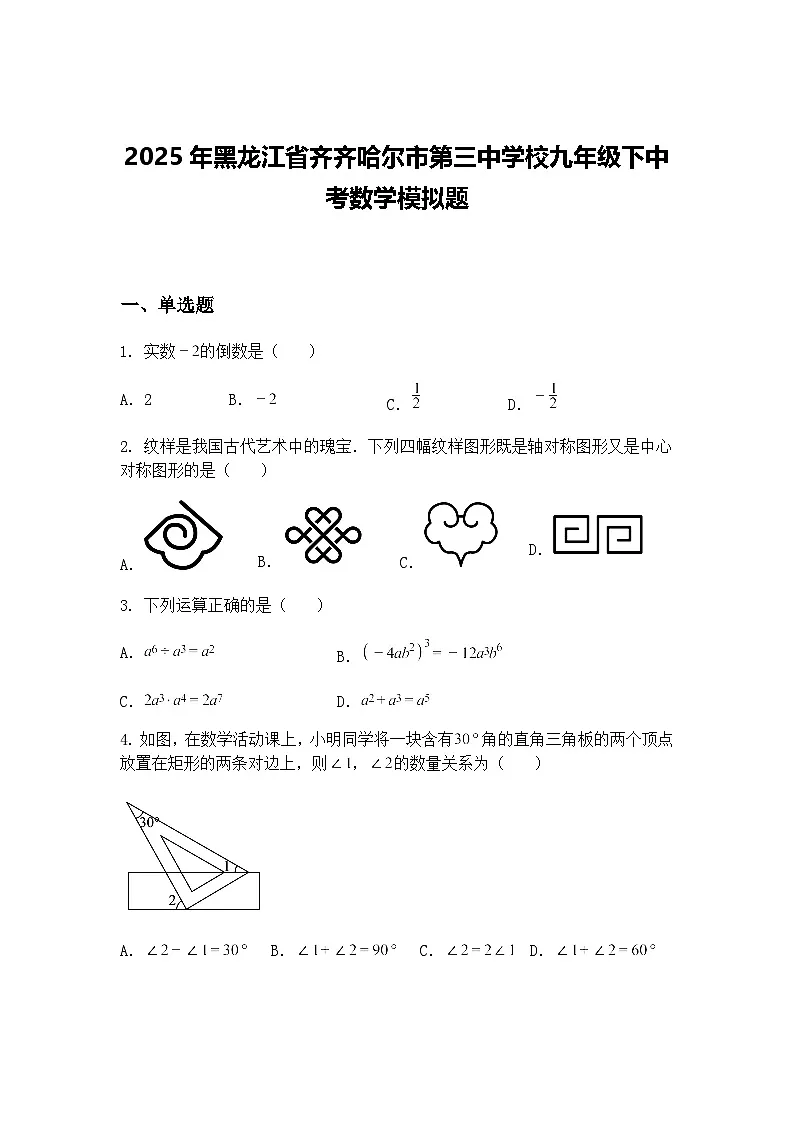 2025年黑龙江省齐齐哈尔市第三中学校九年级下中考数学模拟题(含答案解析)第1页
