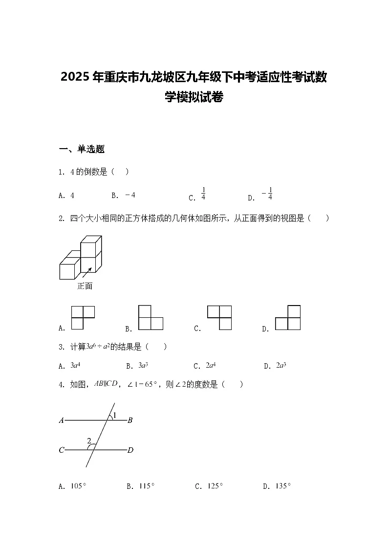2025年重庆市九龙坡区九年级下中考适应性考试数学模拟试卷(含答案解析)第1页