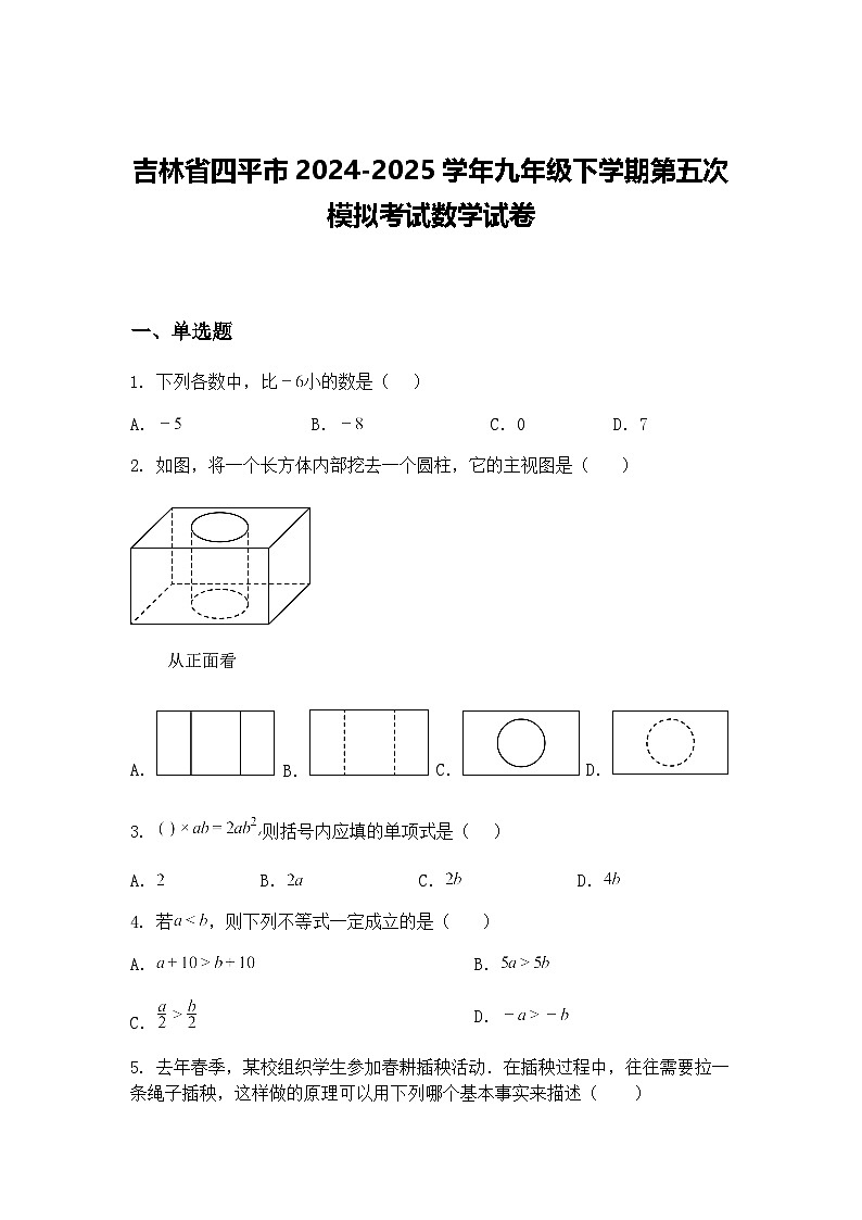 吉林省四平市2024-2025学年九年级下学期第五次模拟考试数学试卷(含答案解析)第1页