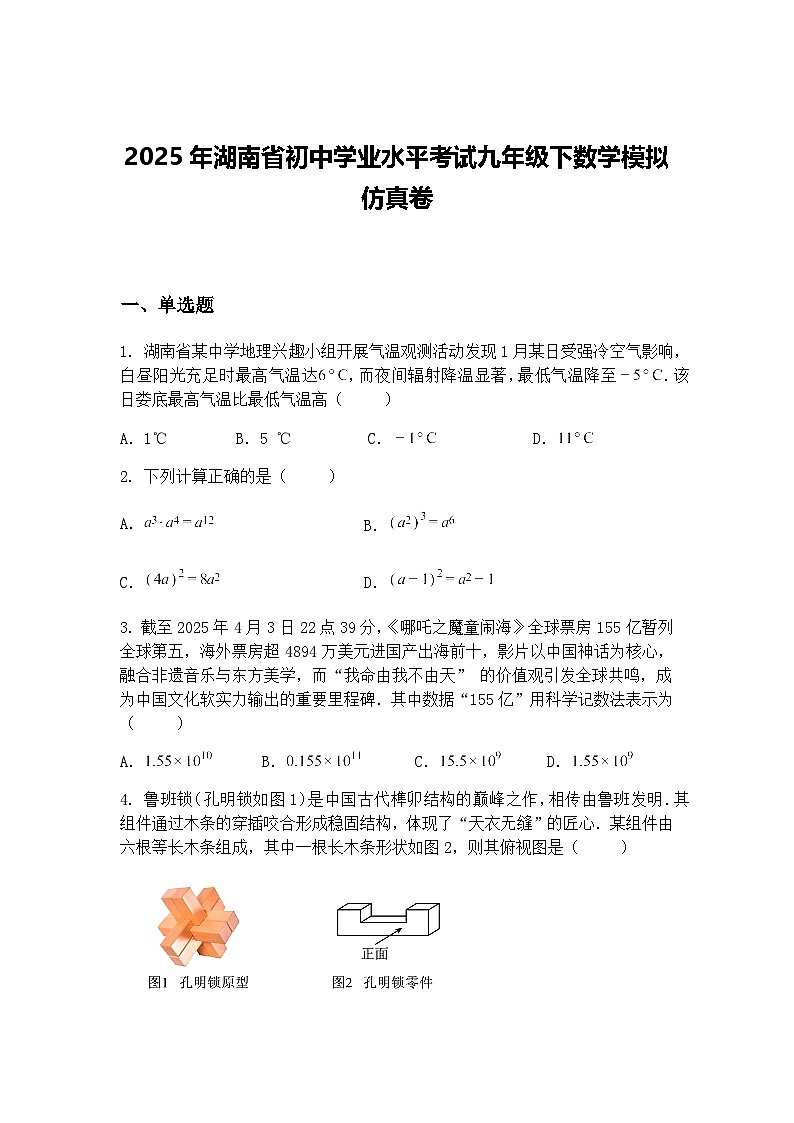 2025年湖南省初中学业水平考试九年级下数学模拟仿真卷(含答案解析)第1页