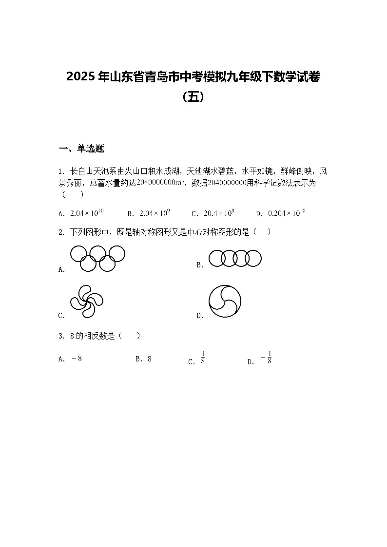 2025年山东省青岛市中考模拟九年级下数学试卷(五)(含答案解析)第1页