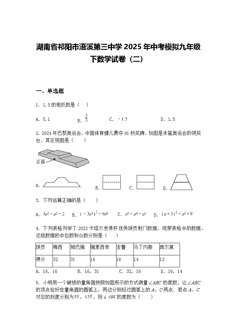 湖南省祁阳市浯溪第三中学2025年中考模拟九年级下数学试卷(二)(含答案解析)第1页