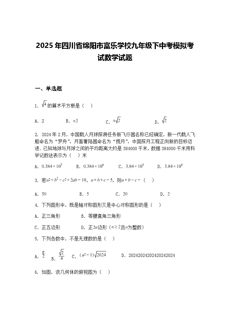2025年四川省绵阳市富乐学校九年级下中考模拟考试数学试题(含答案解析)第1页