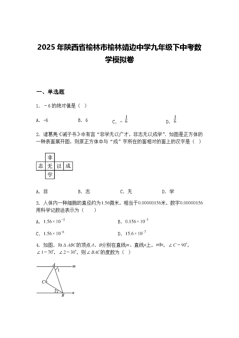 2025年陕西省榆林市榆林靖边中学九年级下中考数学模拟卷(含答案解析)第1页
