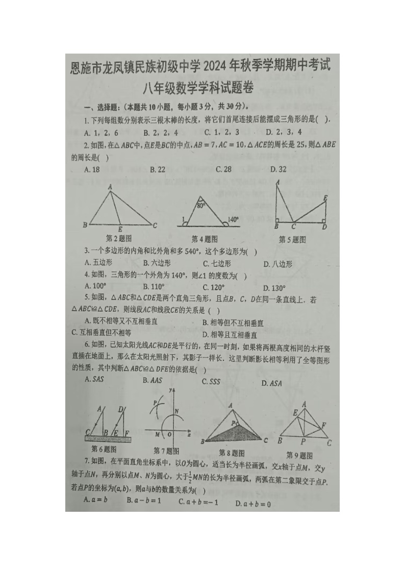 湖北省恩施土家族苗族自治州恩施市龙凤镇民族初级中学2024-2025学年八年级上学期期中考试数学试题