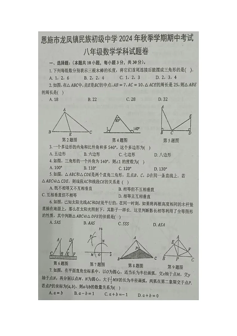 湖北省恩施土家族苗族自治州恩施市龙凤镇民族初级中学2024-2025学年八年级上学期期中考试数学试题第1页