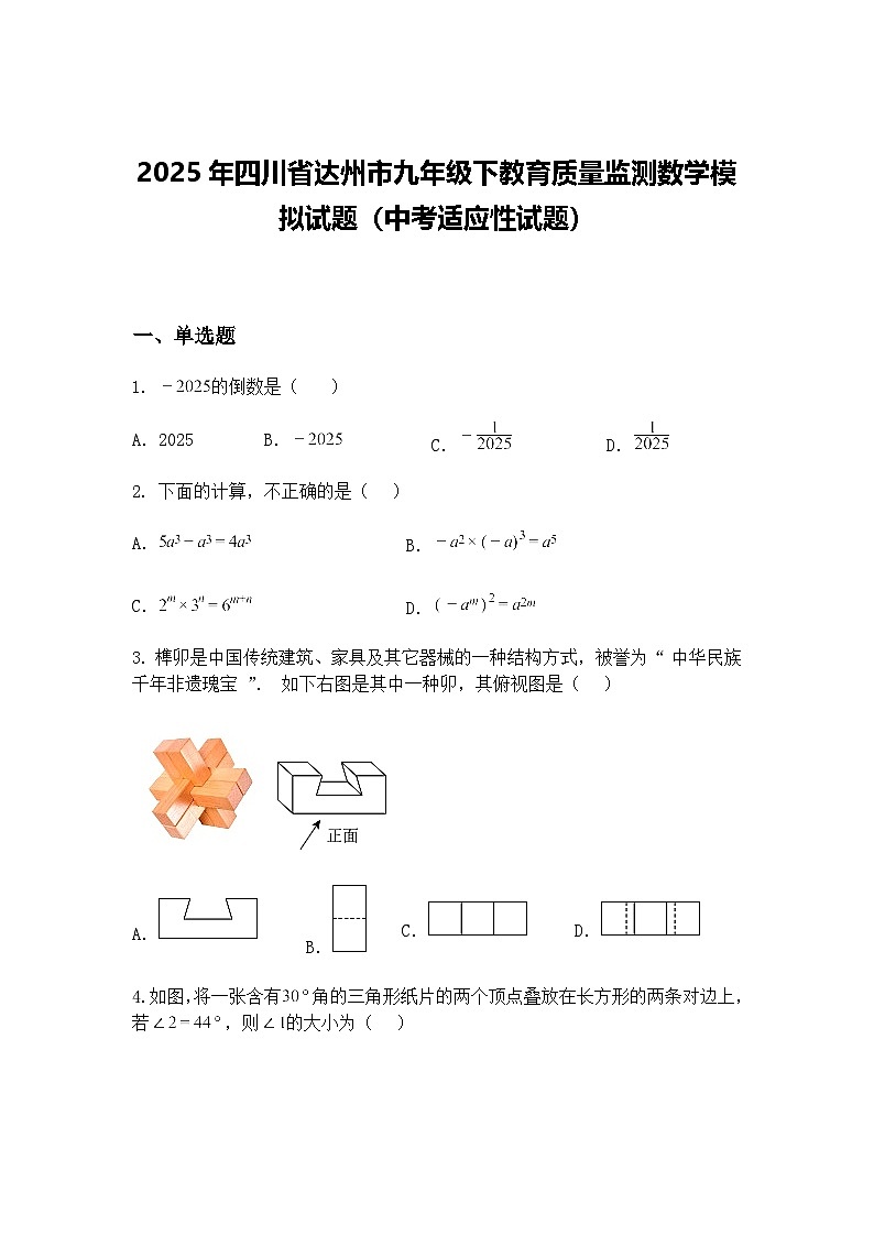 2025年四川省达州市九年级下教育质量监测数学模拟试题(中考适应性试题)(含答案解析)第1页