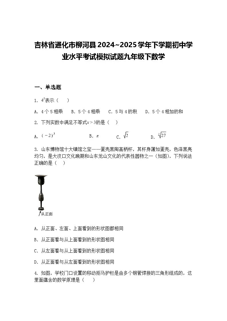吉林省通化市柳河县2024~2025学年下学期初中学业水平考试模拟试题九年级下数学(含答案解析)第1页