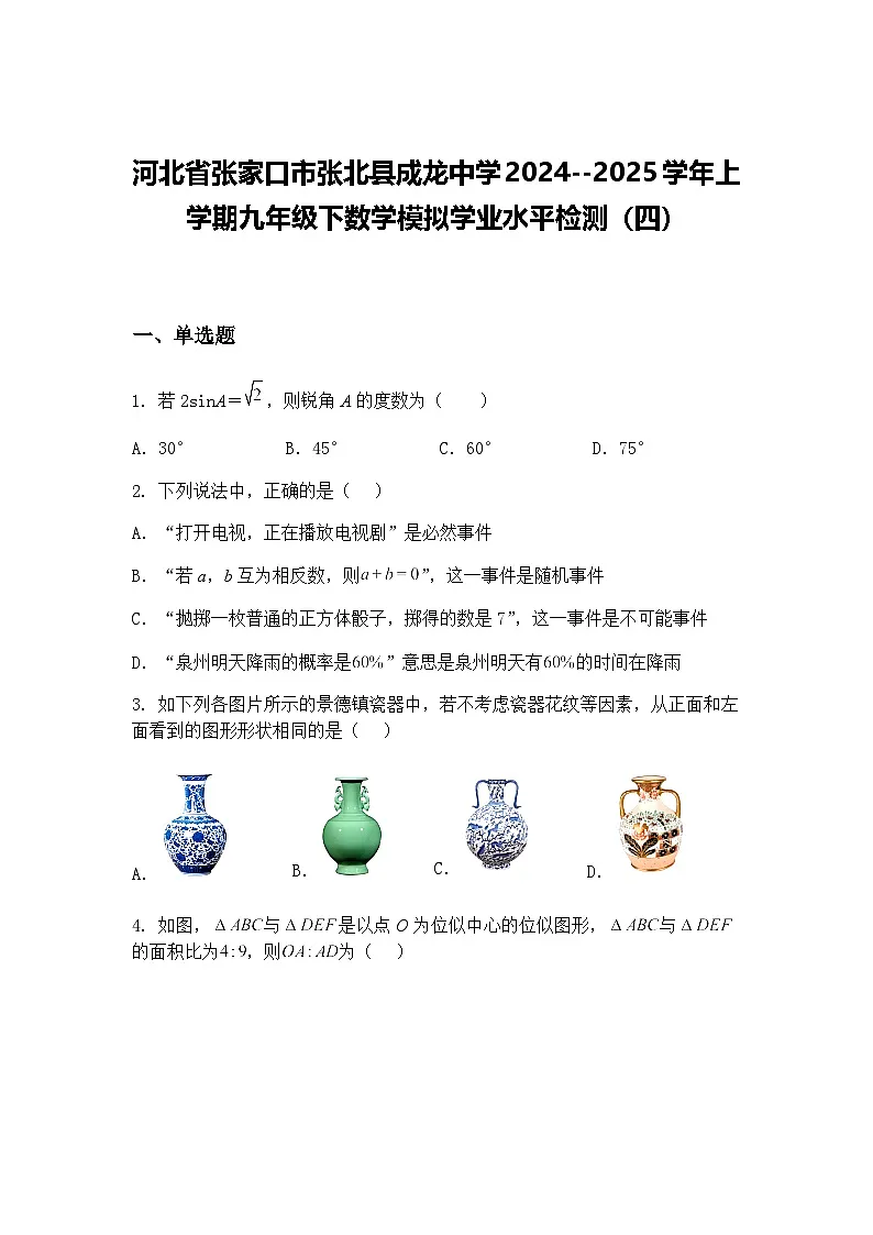 河北省张家口市张北县成龙中学2024--2025学年上学期九年级下数学模拟学业水平检测(四)(含答案解析)第1页
