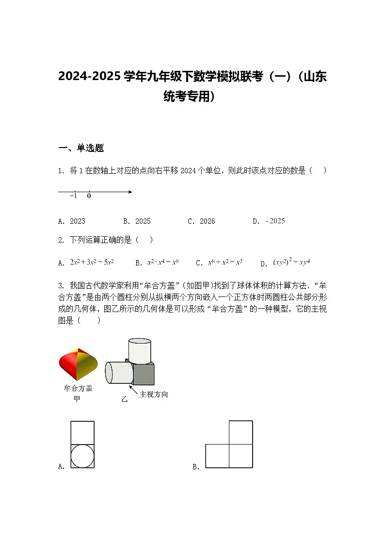 2024-2025学年九年级下数学模拟联考(一)(山东统考专用)(含答案解析)第1页