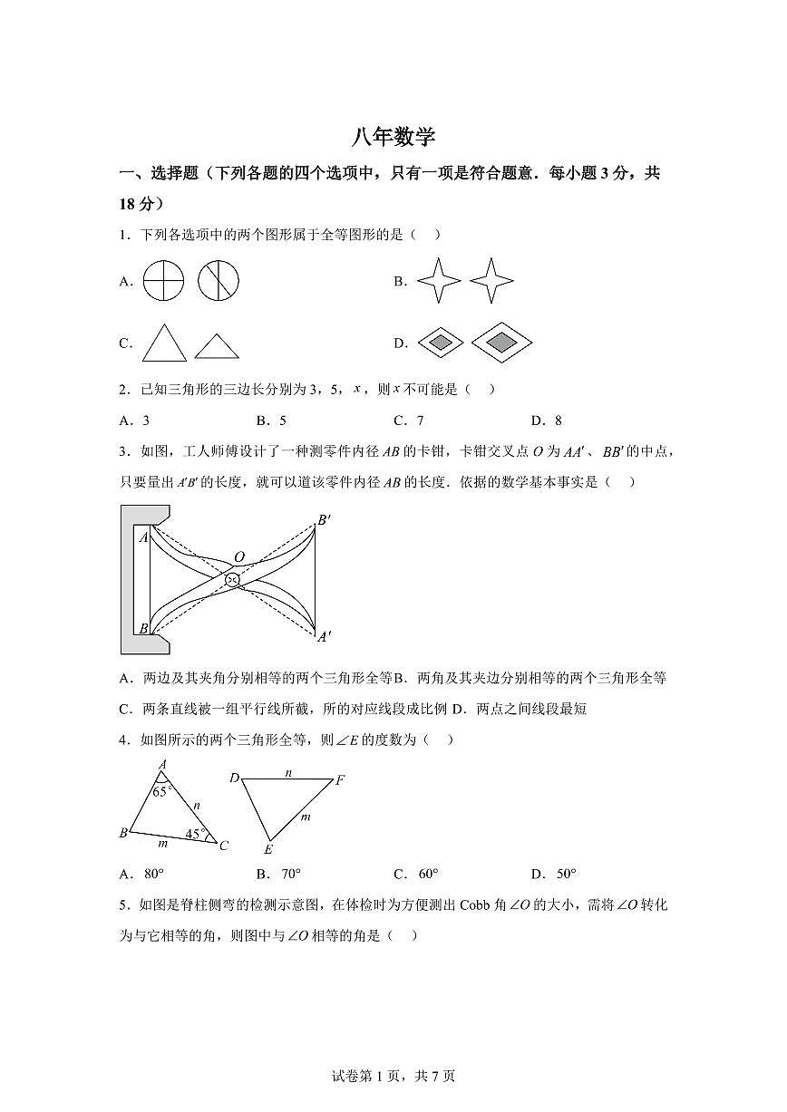 吉林省松原市长岭县三校2025~2026学年八年级上学期第一次月考数学试卷【附答案】第1页