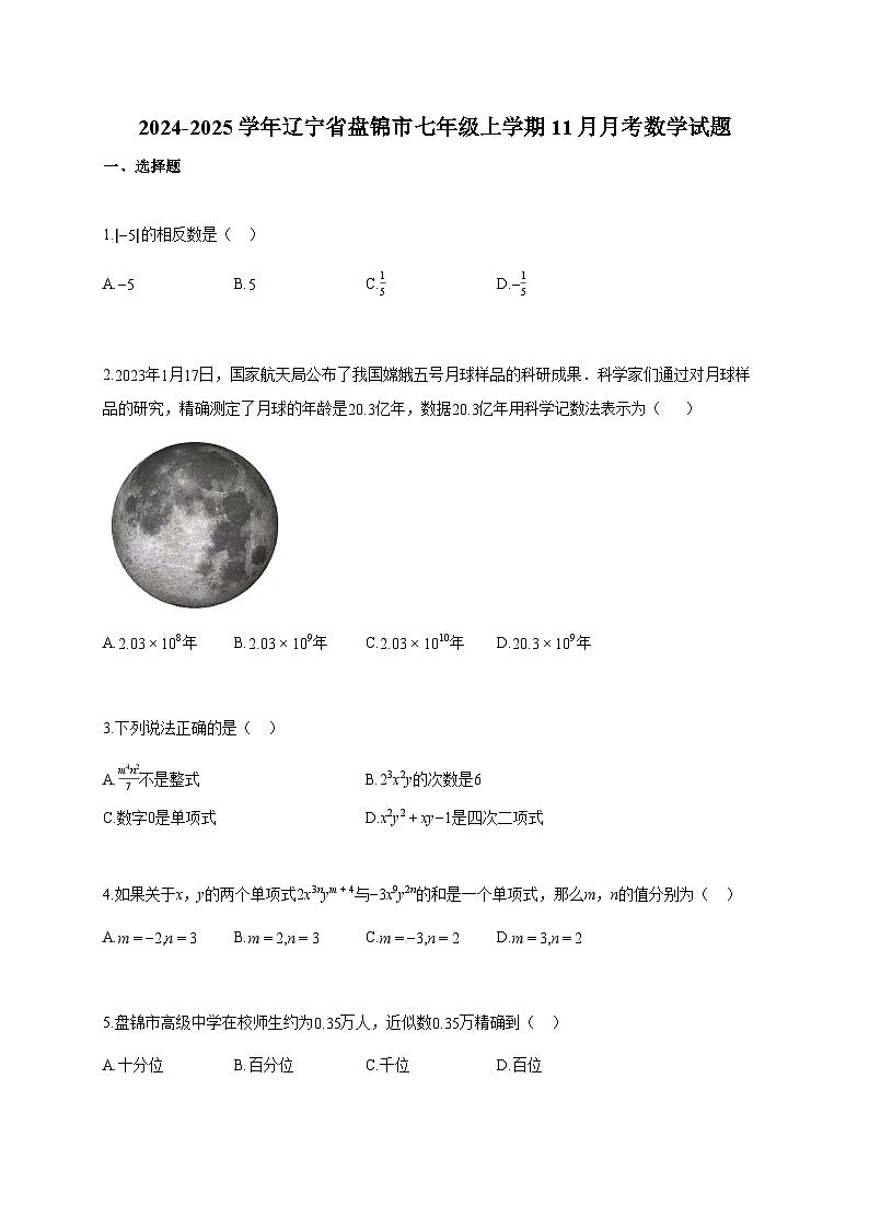 2024~2025学年辽宁省盘锦市七年级上册11月月考数学试题(含答案)第1页