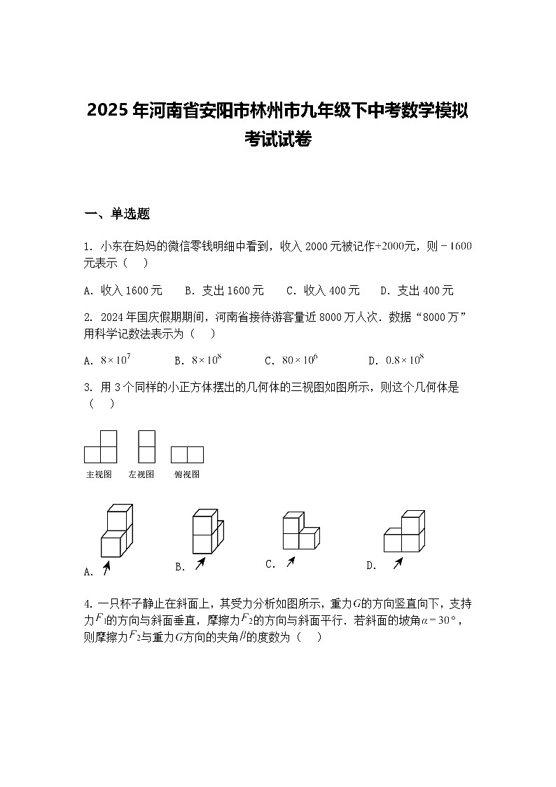 2025年河南省安阳市林州市九年级下中考数学模拟考试试卷(含答案解析)第1页