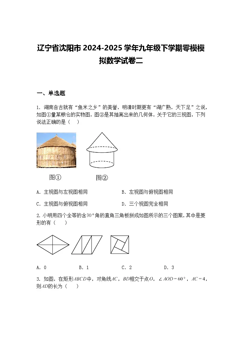 辽宁省沈阳市2024-2025学年九年级下学期零模模拟数学试卷二(含答案解析)第1页