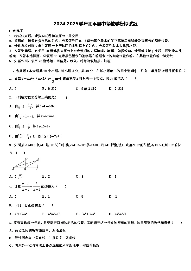 2024-2025学年和平县中考数学模拟试题含解析第1页
