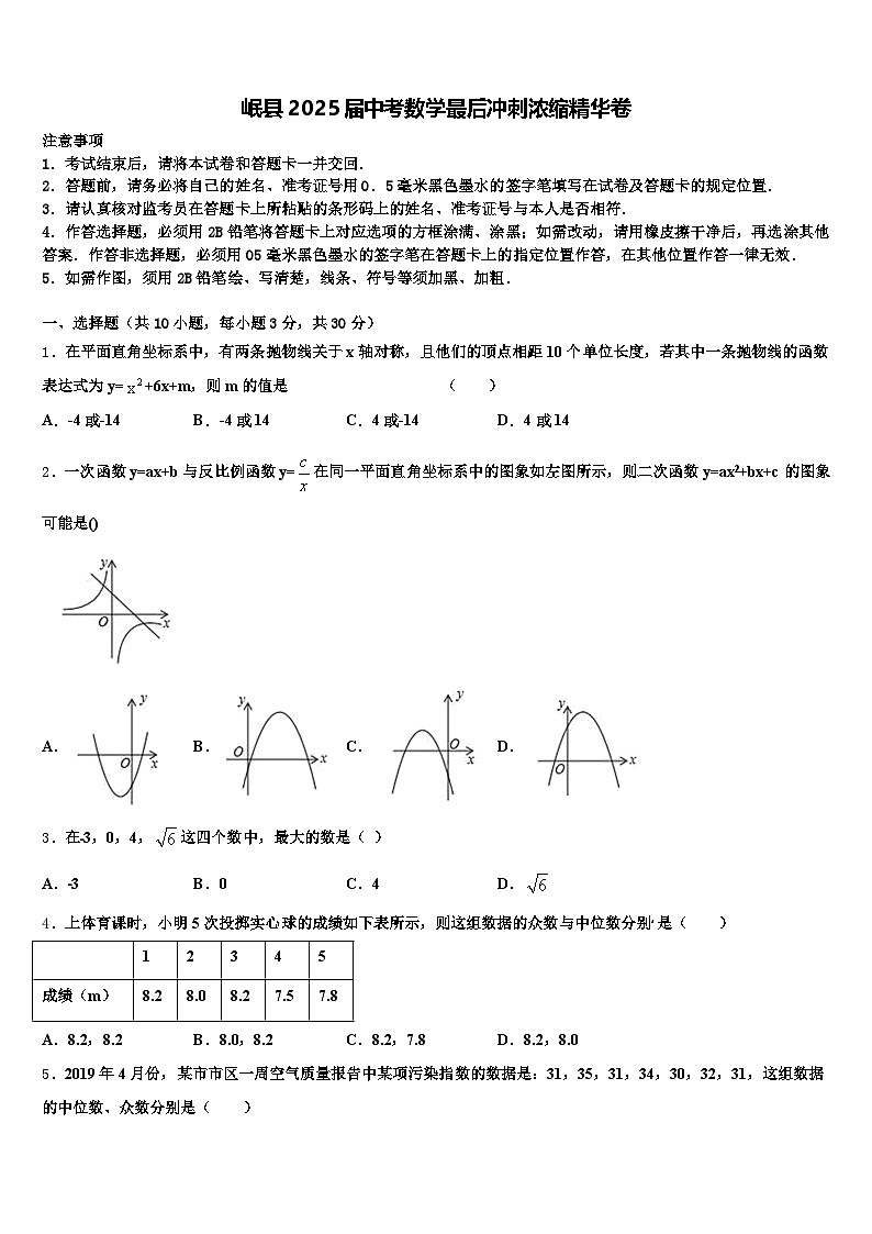 岷县2025届中考数学最后冲刺浓缩精华卷含解析第1页