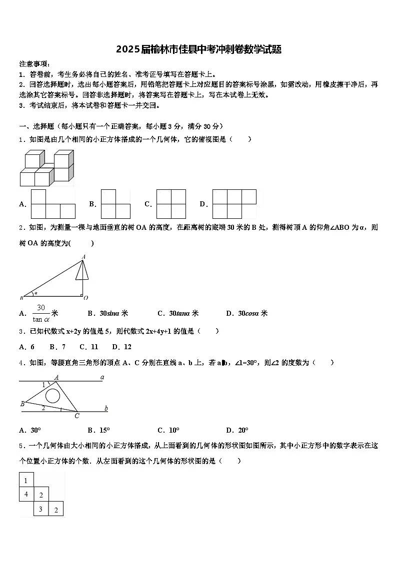 2025届榆林市佳县中考冲刺卷数学试题含解析第1页