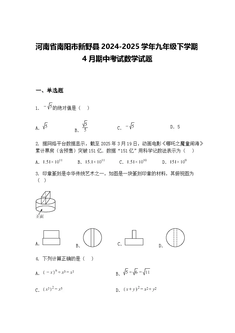 河南省南阳市新野县2024-2025学年九年级下学期4月期中考试数学试题(含答案解析)第1页