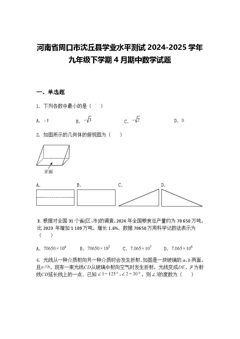 河南省周口市沈丘县学业水平测试2024-2025学年九年级下学期4月期中数学试题(含答案解析)第1页