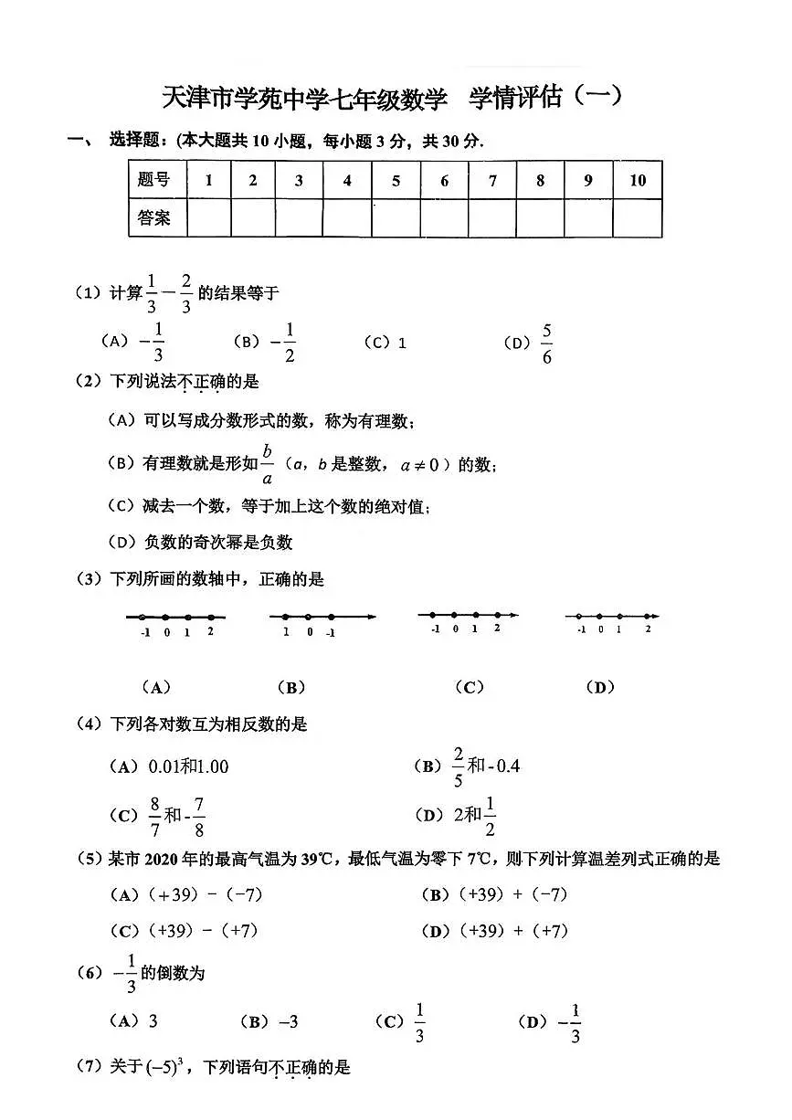 天津市学苑中学2025-2026学年七年级上学期数学10月月考试卷第1页