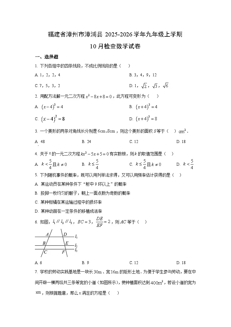 福建省漳州市漳浦县2025-2026学年九年级上学期10月检查数学试卷(学生版)第1页