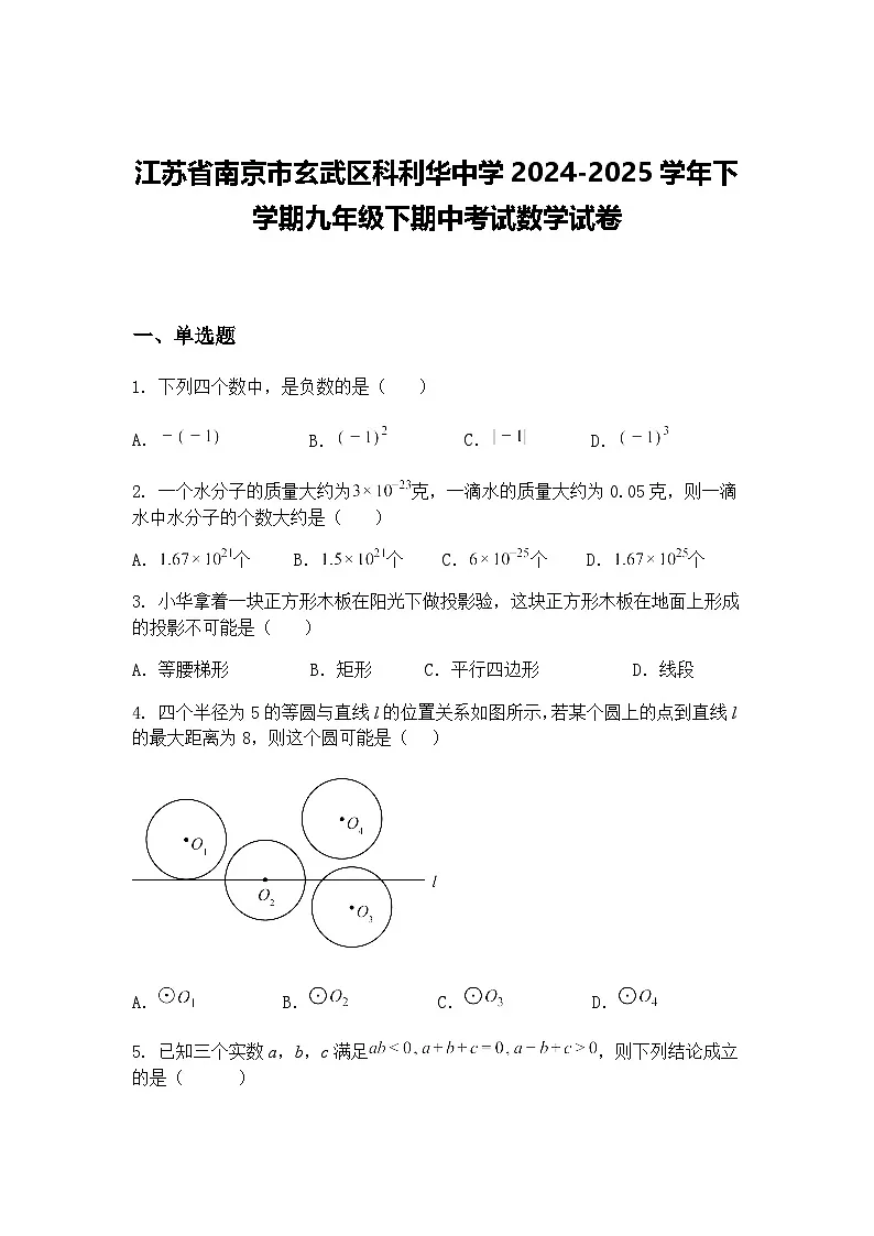江苏省南京市玄武区科利华中学2024-2025学年下学期九年级下期中考试数学试卷(含答案解析)第1页