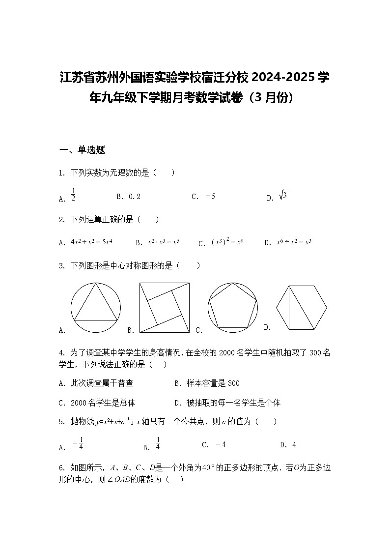 江苏省苏州外国语实验学校宿迁分校2024-2025学年九年级下学期月考数学试卷(3月份)(含答案解析)第1页