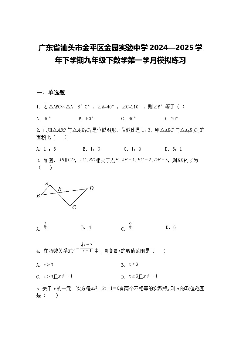 广东省汕头市金平区金园实验中学2024—2025学年下学期九年级下数学第一学月模拟练习(含答案解析)第1页