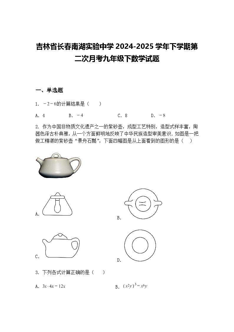 吉林省长春南湖实验中学2024-2025学年下学期第二次月考九年级下数学试题(含答案解析)第1页